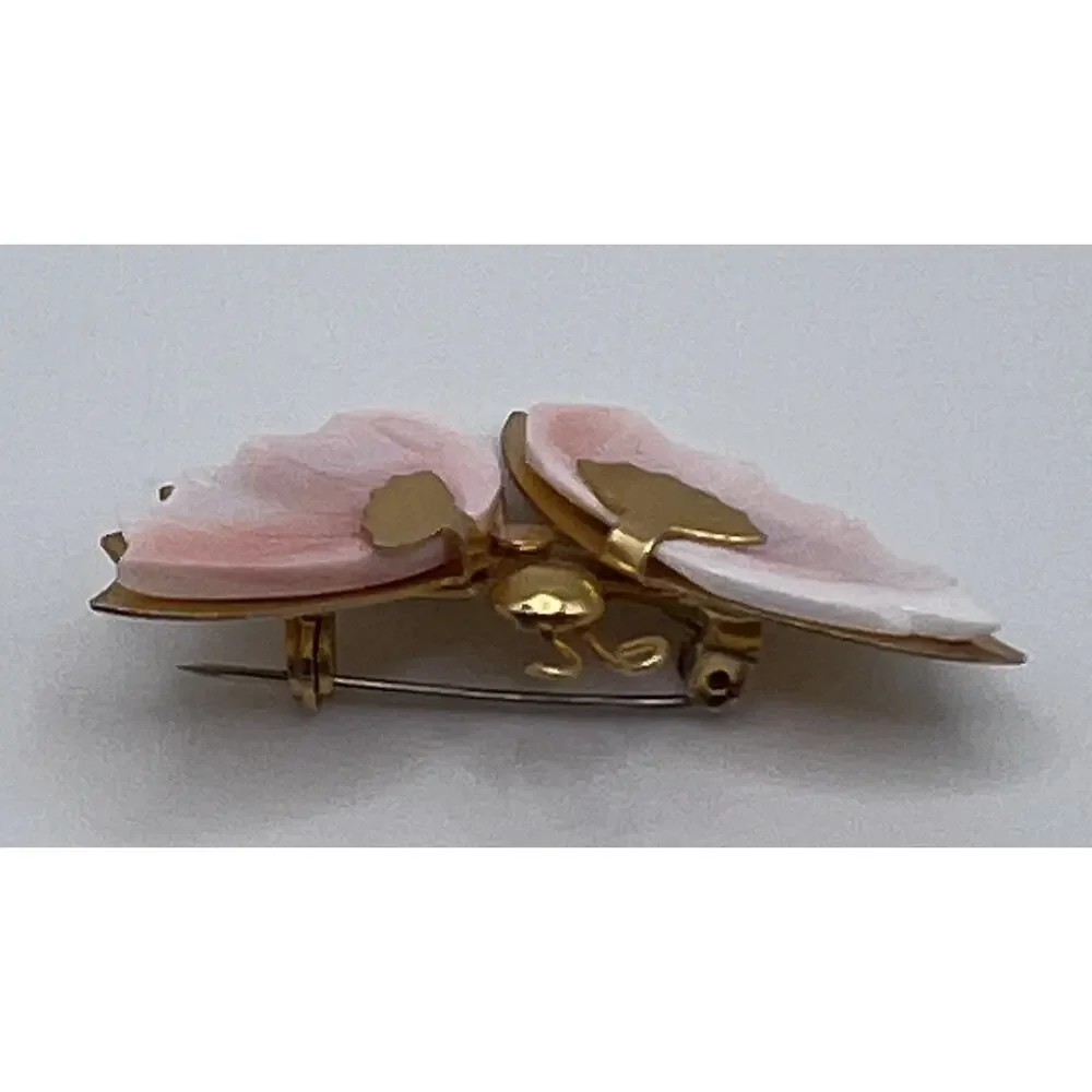 Vintage Gold Tone Pink & White Shell Winged Butterfly Dainty Brooch